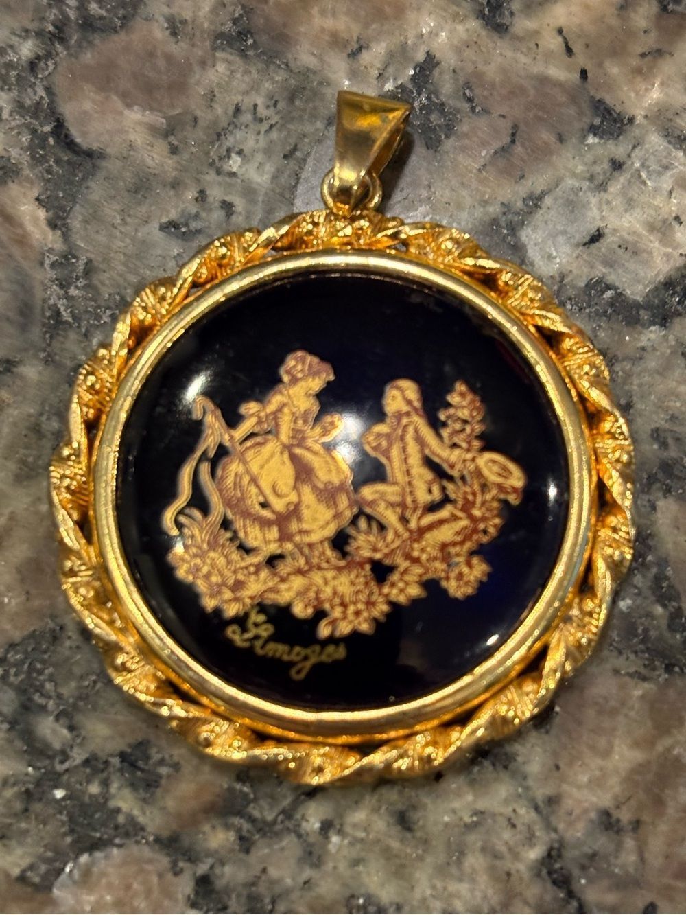 Limoges Courting Couple Black and Gold Figural Round Pendant
